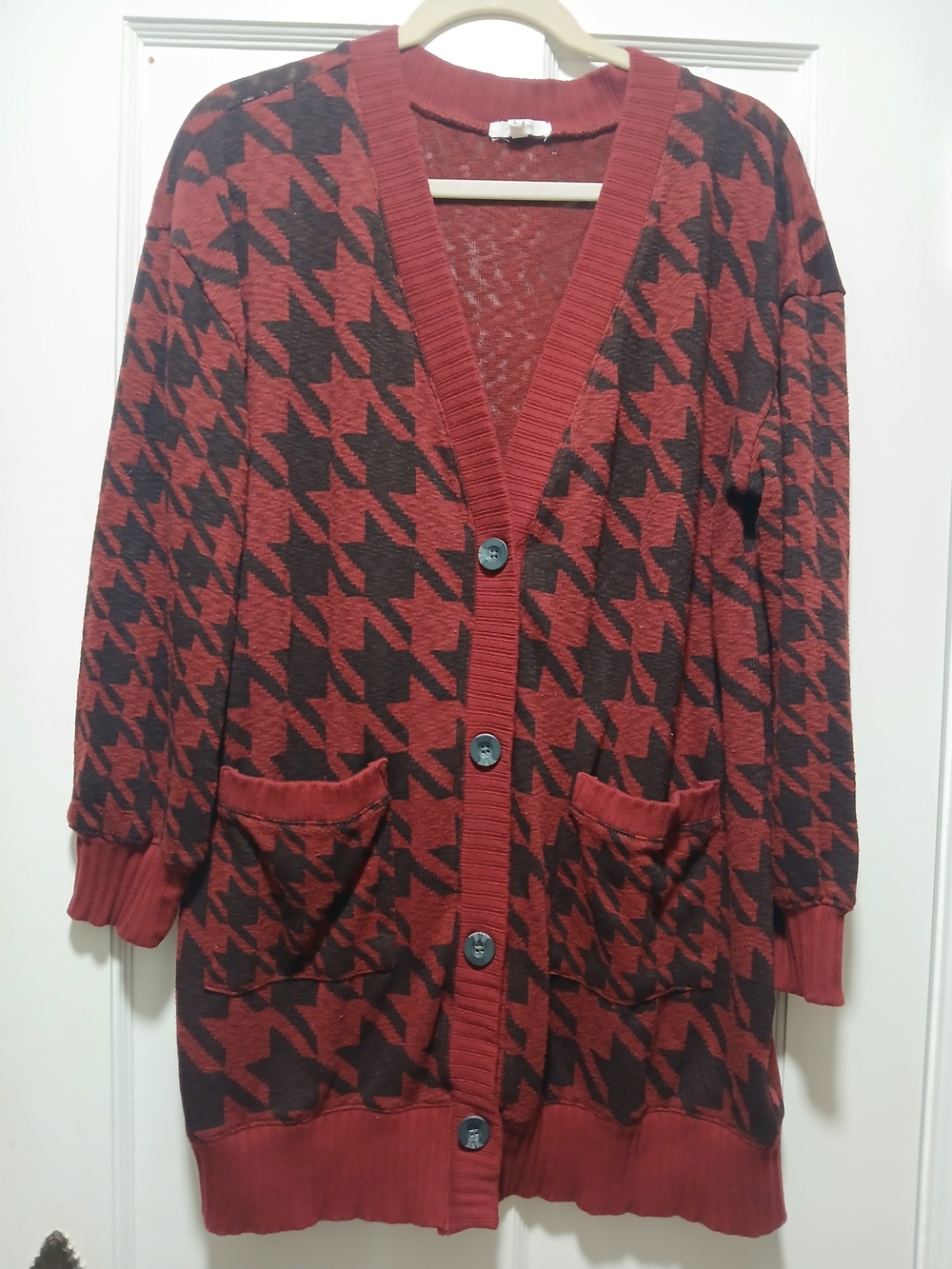 Maurices Red and Black Houndstooth Button-Front Cardigan
